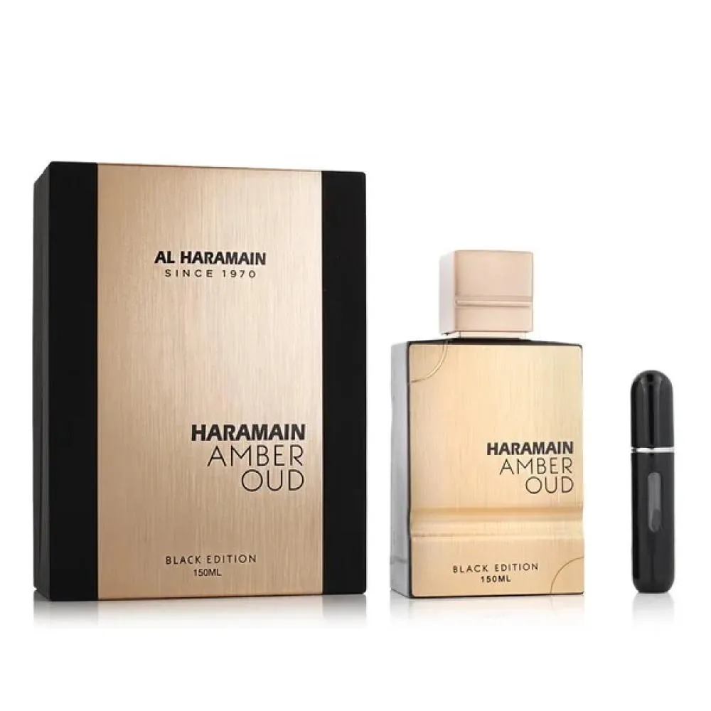 Amber Oud Black Edition ajándékszett + újratölthető parfümszóró Eau de Parfum unisex 150 ml