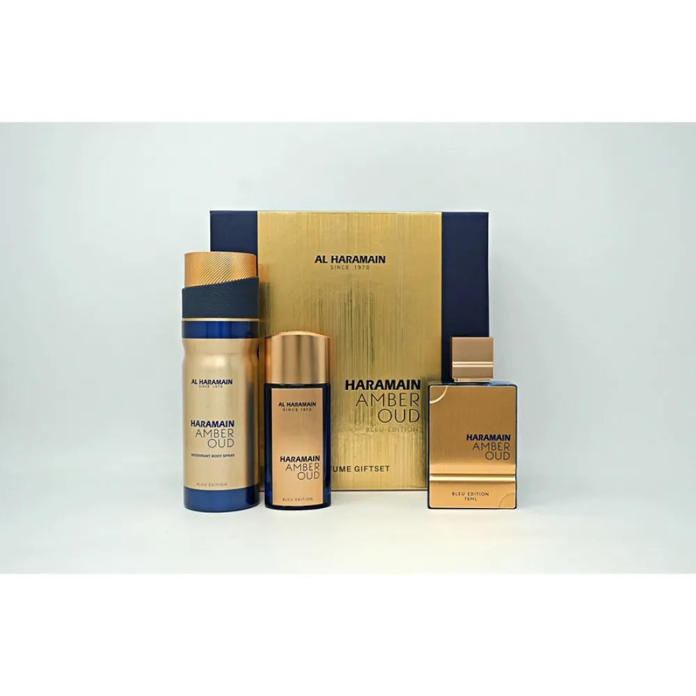Amber Oud Bleu Edition ajándékszett uniszex eau de parfum 75 ml + eau de parfum 30 ml + dezodor spray 200 ml