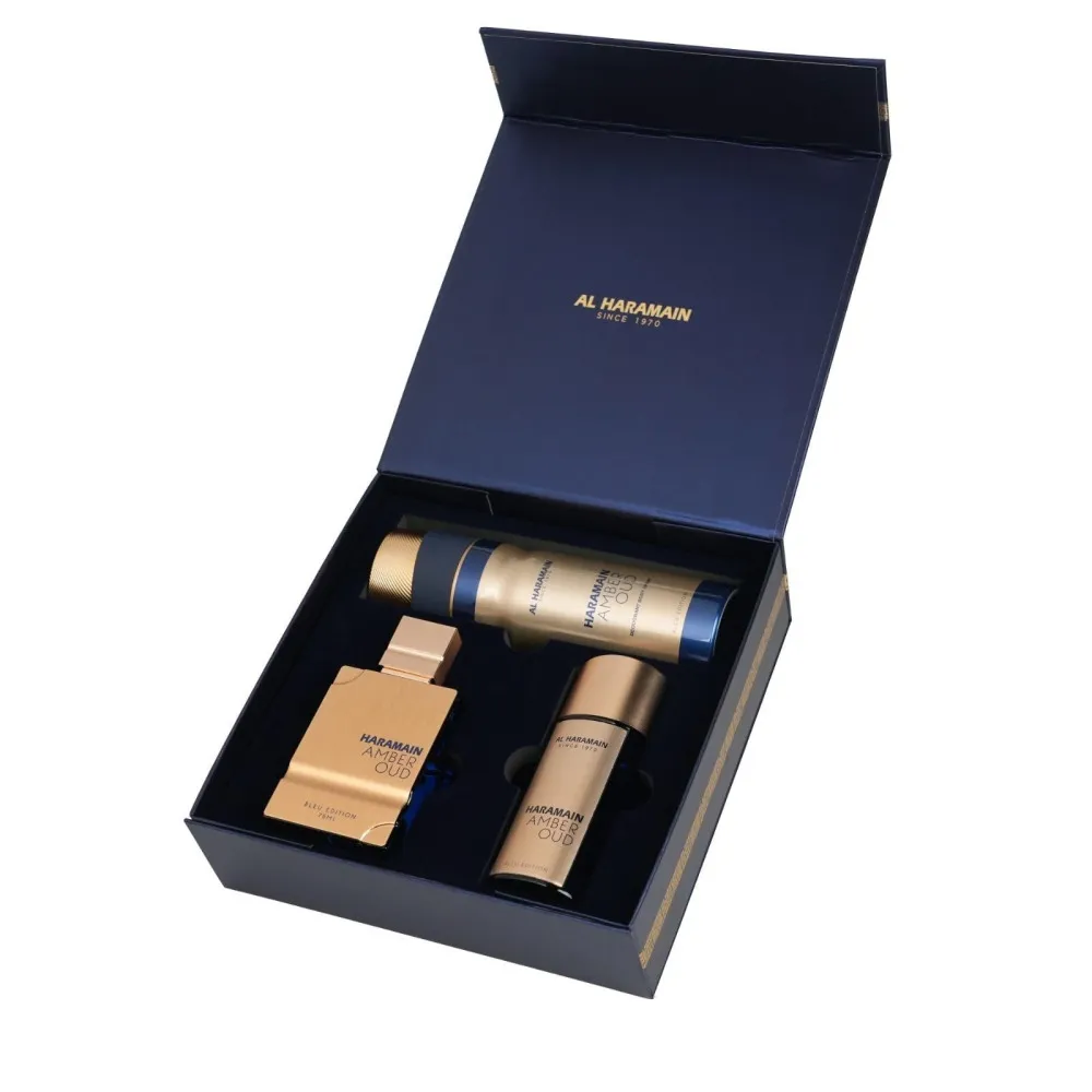 Amber Oud Bleu Edition ajándékszett uniszex eau de parfum 75 ml + eau de parfum 30 ml + dezodor spray 200 ml