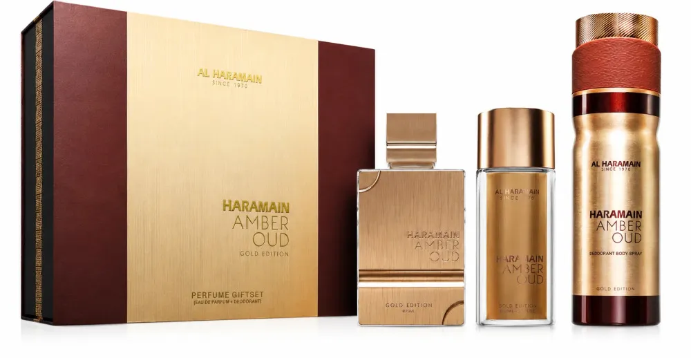 Amber Oud Gold Edition ajándékszett 75 ml + parfümvíz 30 ml + parfümös testpermet uniszex 75 ml parfemovana voda 30 ml telova mlha parfemovana voda 200 ml unisex