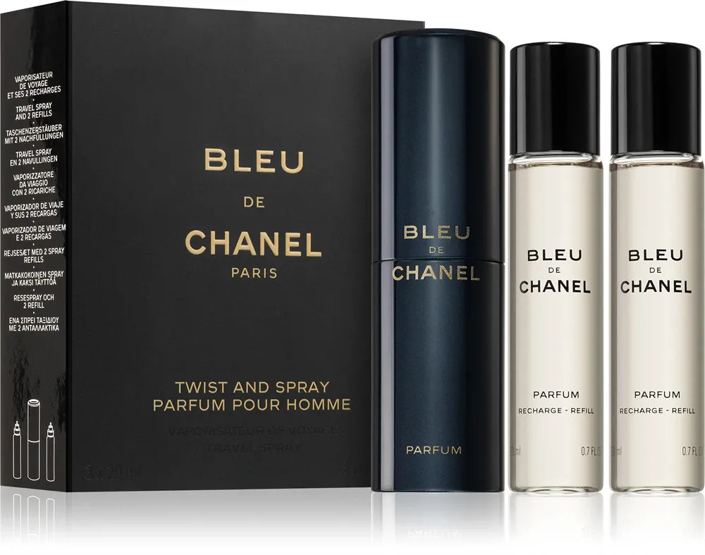 Bleu de Chanel utántölthető utazó spray 20 ml + 2 x parfüm utántöltő férfiaknak