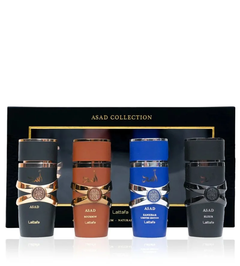 Asad Collection ajándékszett Asad 25 ml + Asad Bourbon Eau de Parfum 25 ml + Asad Zanzibar Eau de Parfum 25 ml + Asad Elixir Eau de Parfum férfiaknak