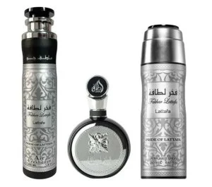 Lattafa Fakhar Man ajándékszett - 100 ml + Parfümös spray 200 ml + Szobai légfrissítő parfümvíz