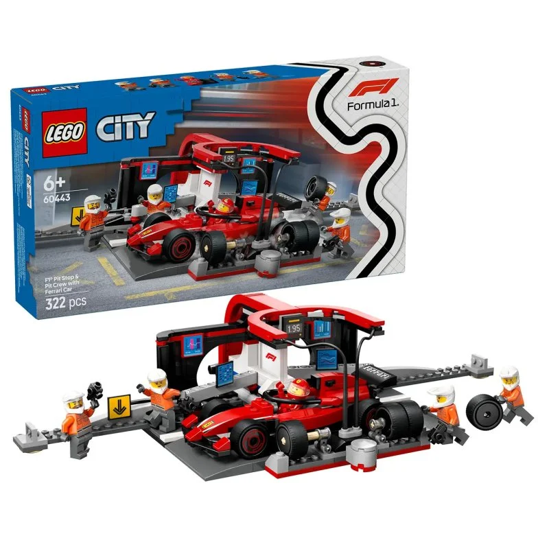 City 60443 F1® bokszkiállás és személyzet Ferrari autóval