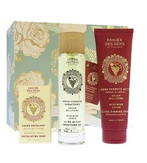 Panier Des Sens Renewing Grape ajándékcsomag hámlasztó szappan 150 g + száraz testolaj 100 ml + feszesítő testkrém