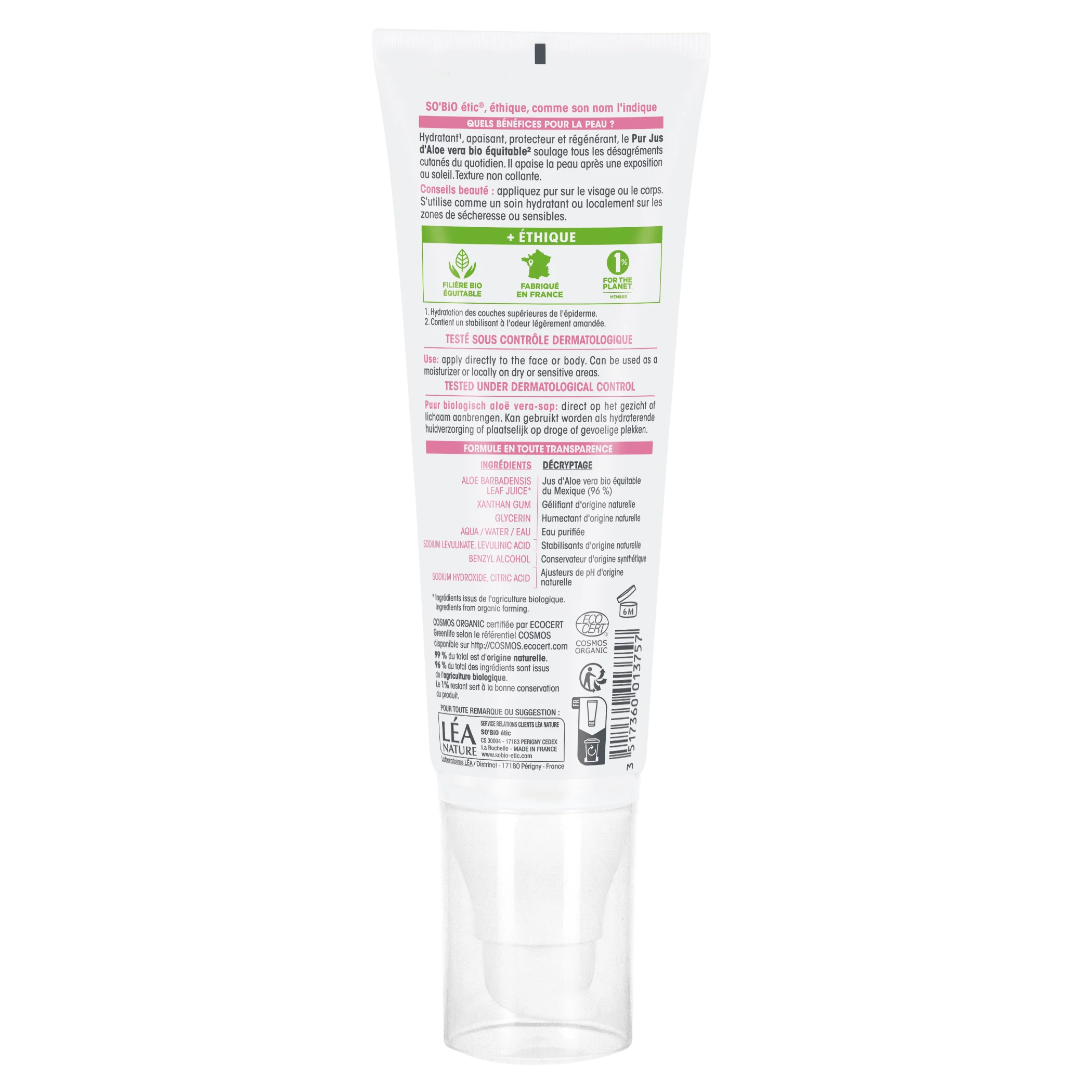 SO’BiO étic Aloe vera gél - hipoallergén BIO (125 ml) - intenzív hidratálás és bőrnyugtatás