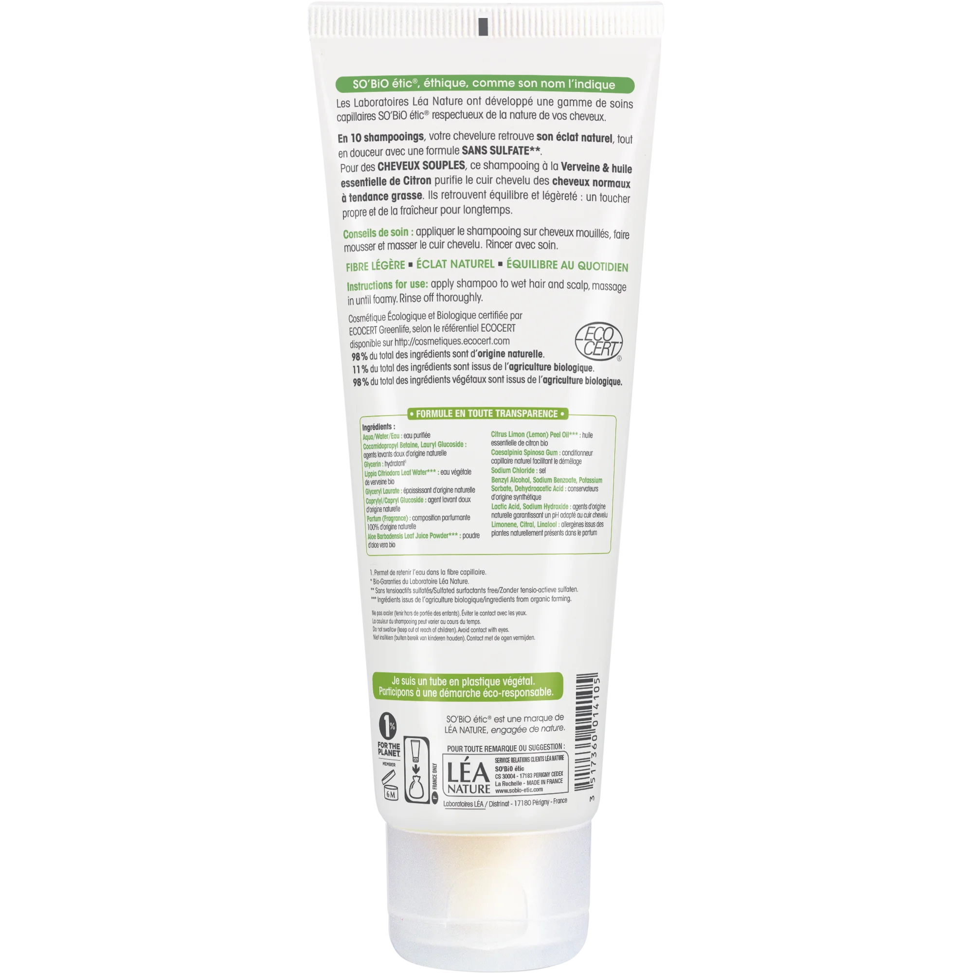 SO’BiO étic Gyengéd verbéna-citrom BIO sampon (250 ml) - ideális zsíros hajra