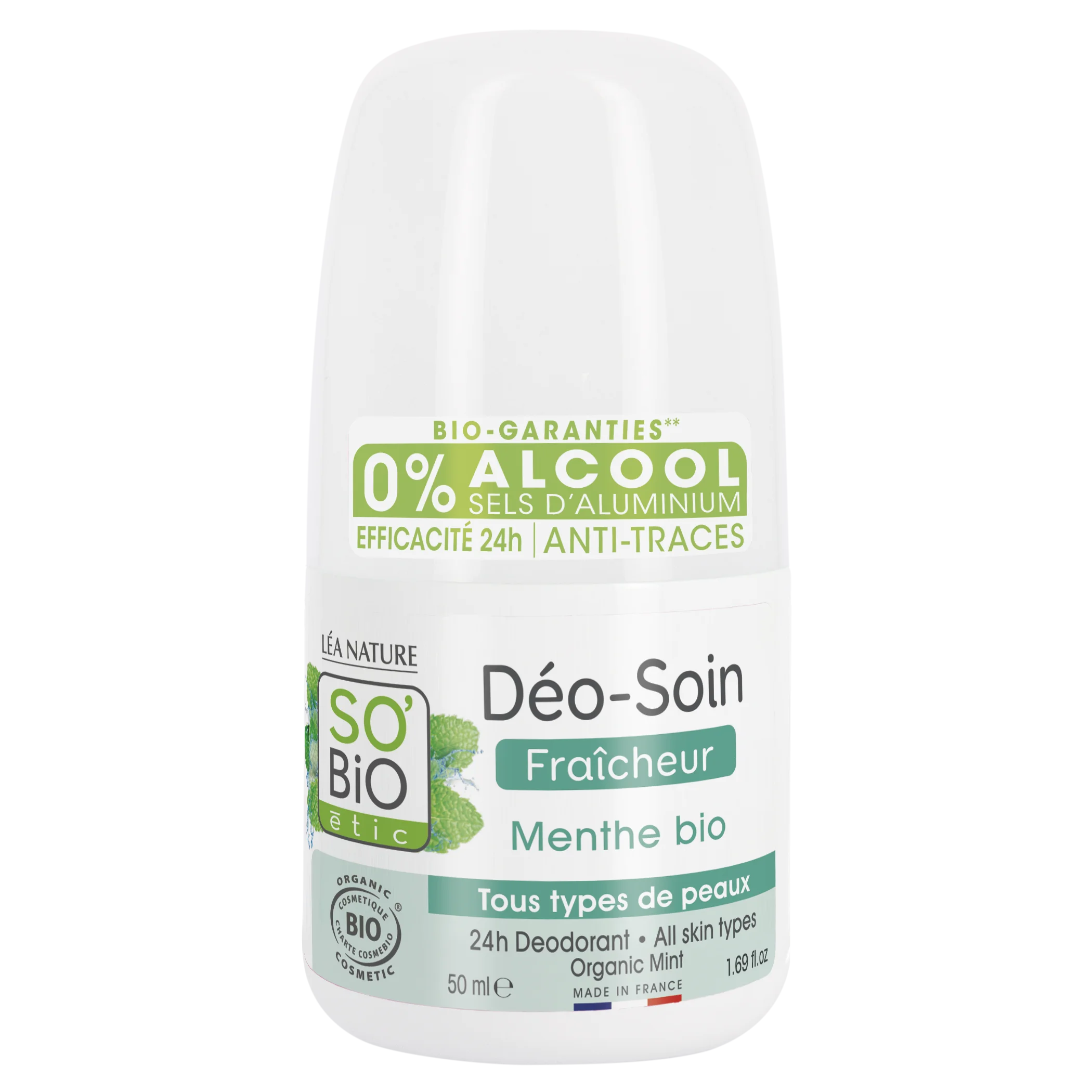 SO’BiO étic Roll-on dezodor 24h, frissítő BIO mentával (50 ml) - hatékony akár 24 órán át
