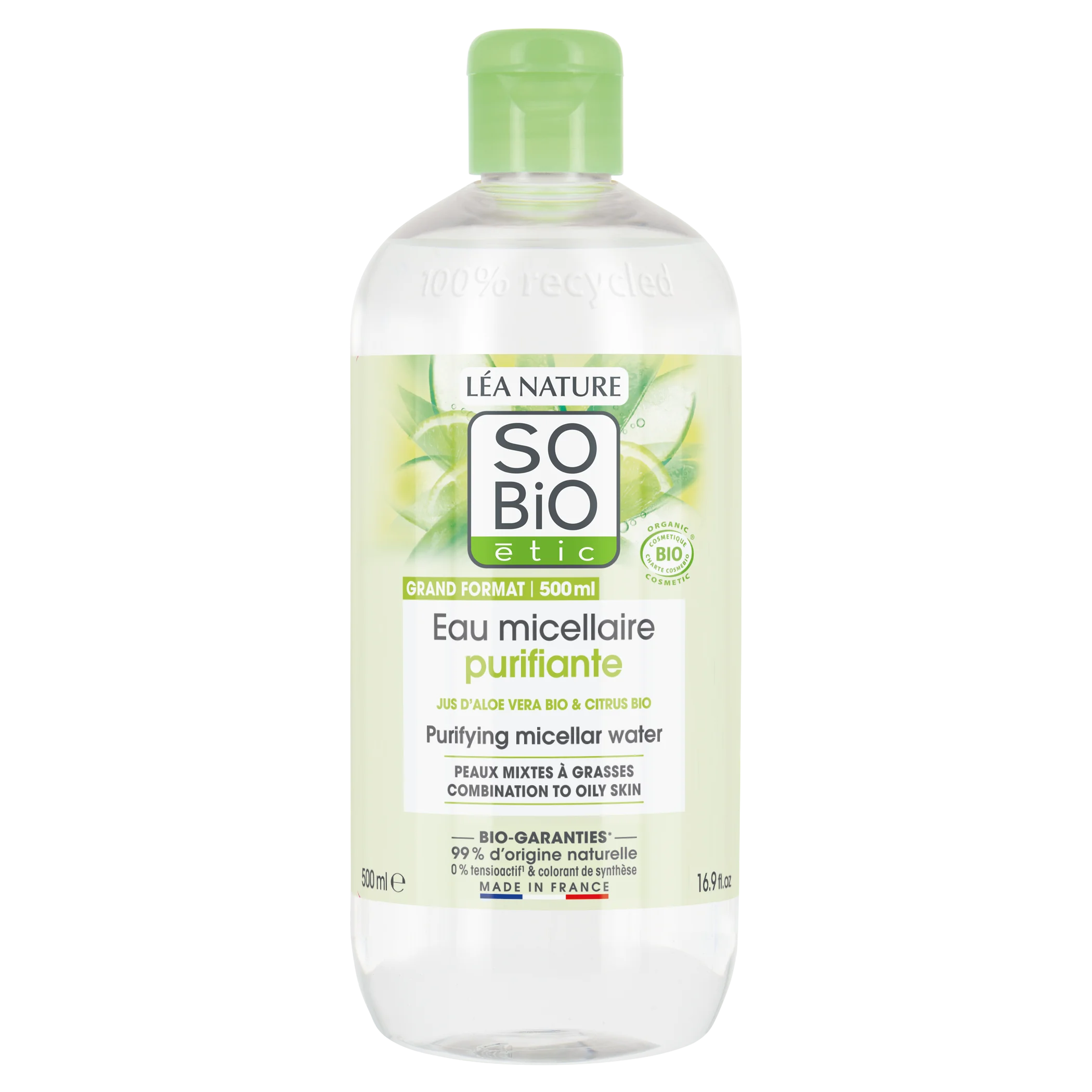 SO’BiO étic Aloe Vera tisztító micellás víz – cinkkel és citrusfélékkel BIO (500 ml) – ideális vegyes és zsíros bőrre