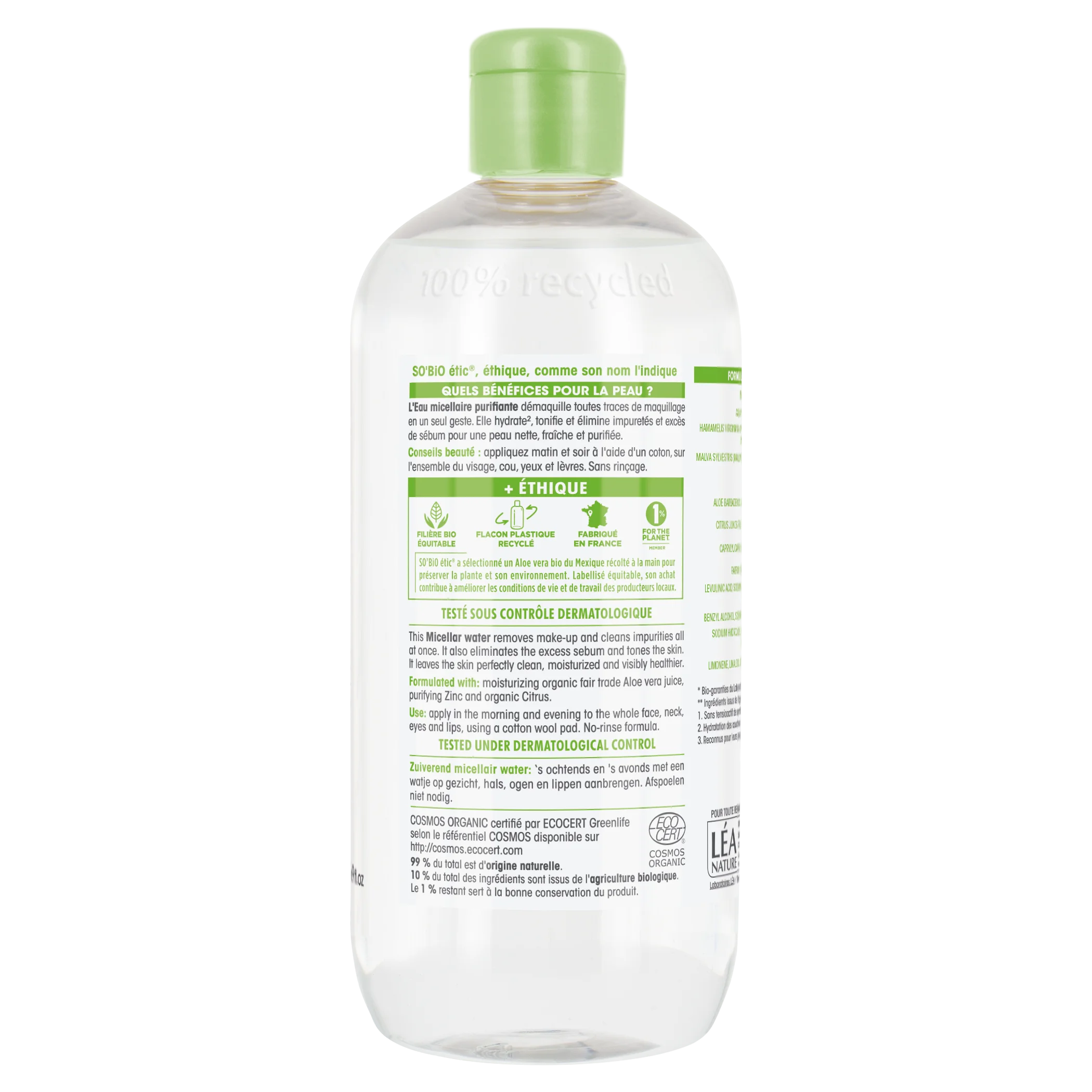 SO’BiO étic Aloe Vera tisztító micellás víz – cinkkel és citrusfélékkel BIO (500 ml) – ideális vegyes és zsíros bőrre