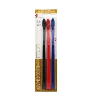 Swissdent Profi Colours puha-közepes fogkefék 3 db fekete, piros, kék